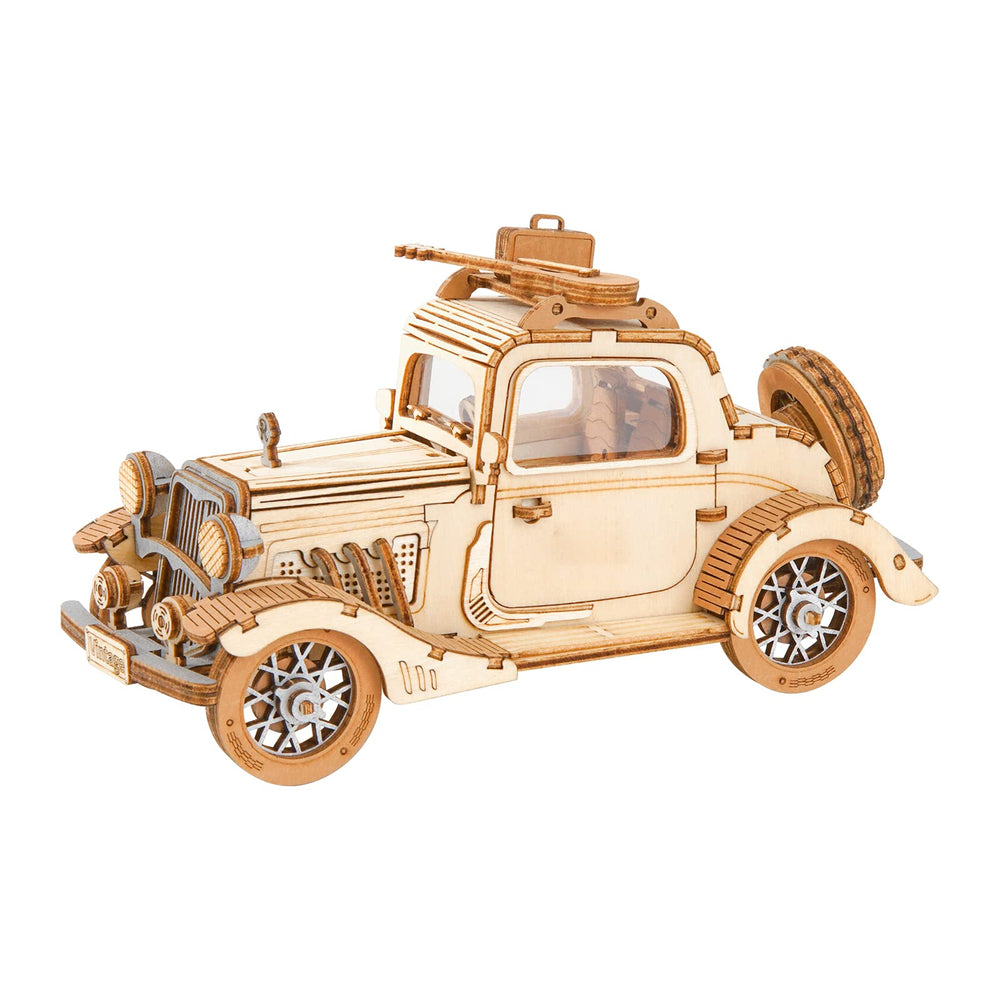 Rowood 3D puzzle car kit ready for step-by-step assembly with precision-cut pieces.