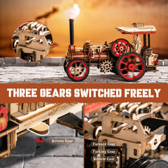 Rowood 3D puzzle steam locomotive gear detail shows moving mechanism concept