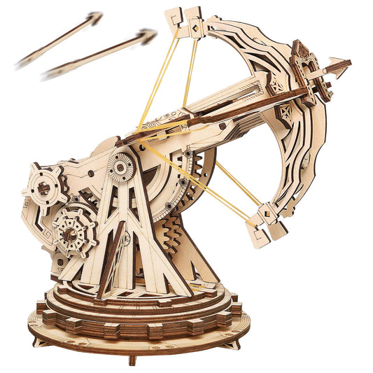 Rowood catapult kit assembly with laser-cut parts for precise construction