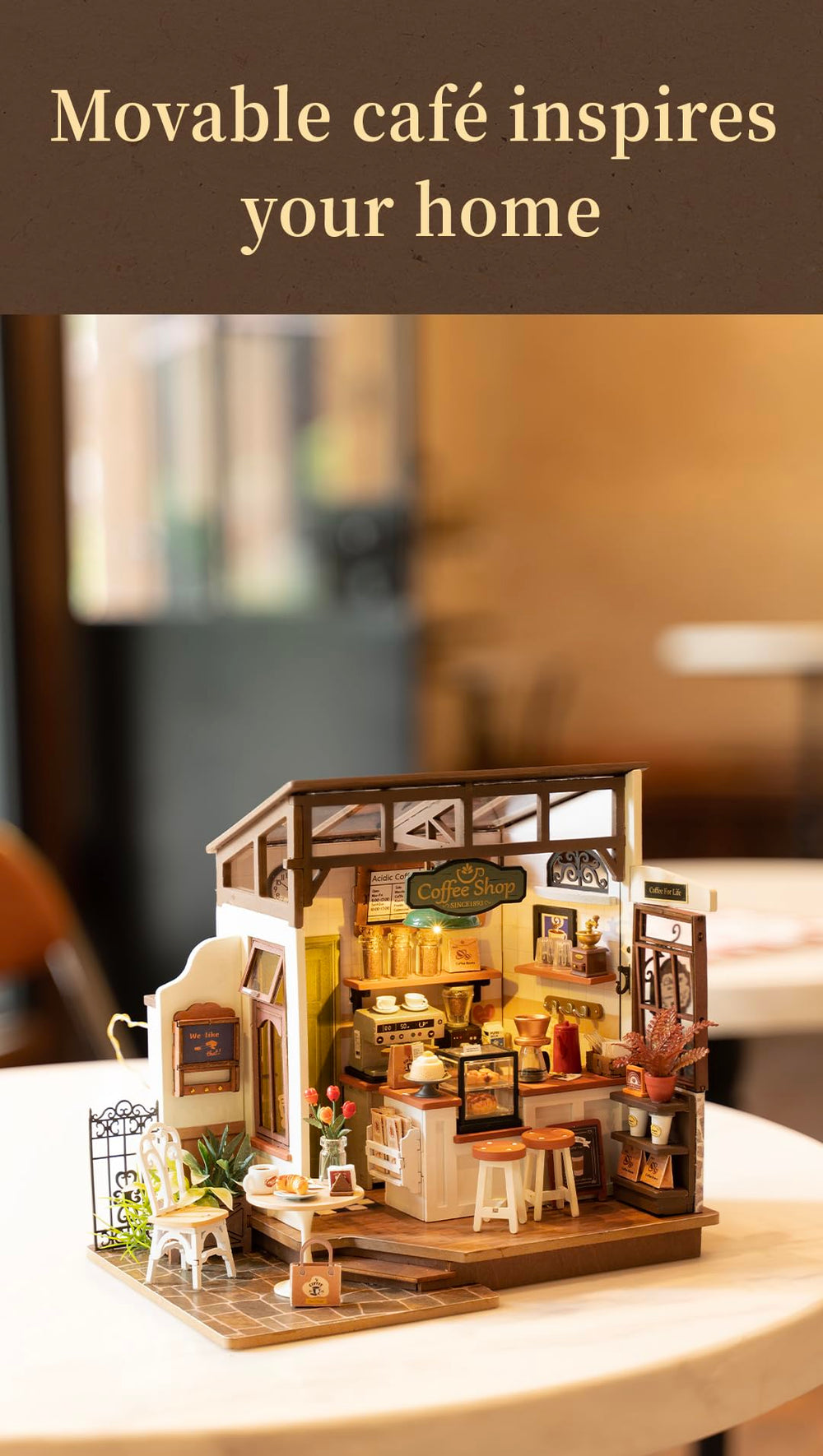 Rowood Coffee Miniature House Kit display-shelf ready decor piece for homes.
