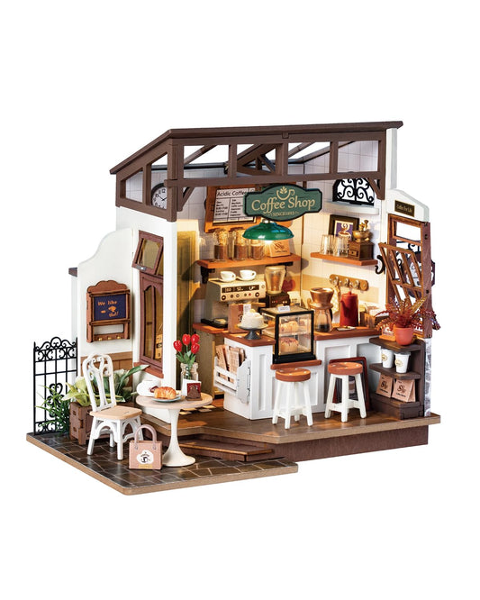 Rowood Coffee Miniature House Kit front view, a charming display piece for coffee lovers.