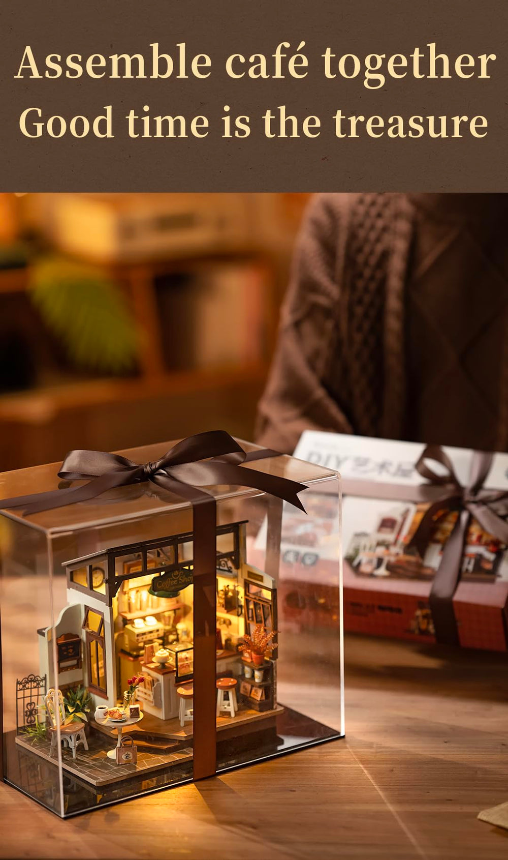 Rowood Coffee Miniature House Kit gift-ready packaging ideal for holidays or birthdays.