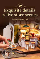 Rowood Coffee Miniature House Kit LED light enhances cozy cafe ambiance.