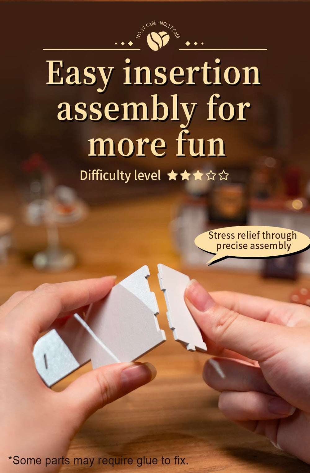 Rowood Coffee Miniature House Kit slot assembly makes building approachable for adults.