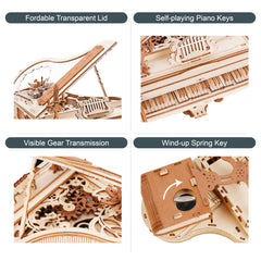 Rowood mechanical gear piano demonstrates multi-stage transmission and wind-up music.