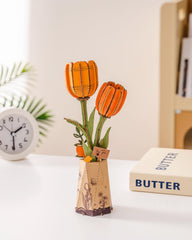 Rowood Orange Tulip wooden flower kit contents ready for assembly.