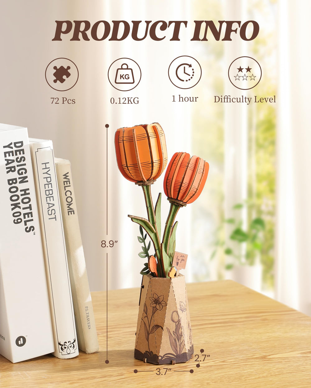Rowood Orange Tulip wooden flower in a vase shows customizable height.