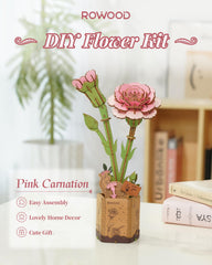 Close-up of Rowood pink carnation assembly parts for hands-on crafting
