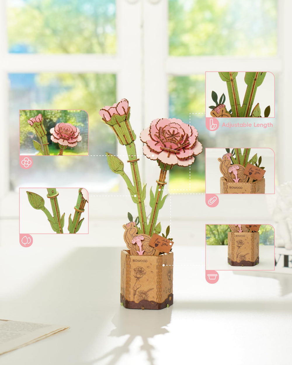 Rowood pink carnation gift idea suitable for holidays and celebrations
