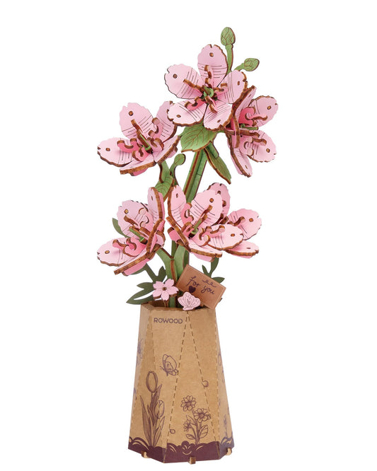 Rowood Sakura Bonsai Kit assembly highlighting delicate wooden petals for mindful crafting.