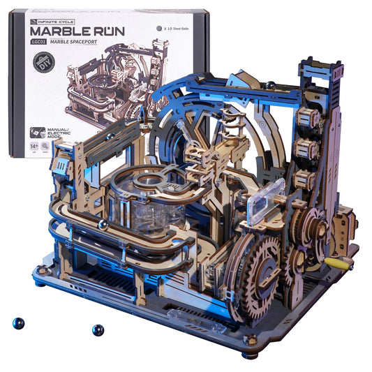 Rowood Spaceport electric drive motor powering automated marble track for smooth play