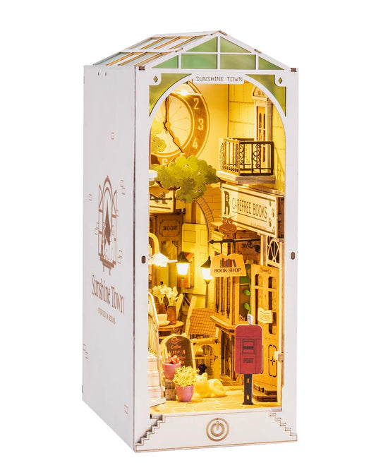 Rowood Sunshine Town book nook assembly on shelf showing dusk town scene
