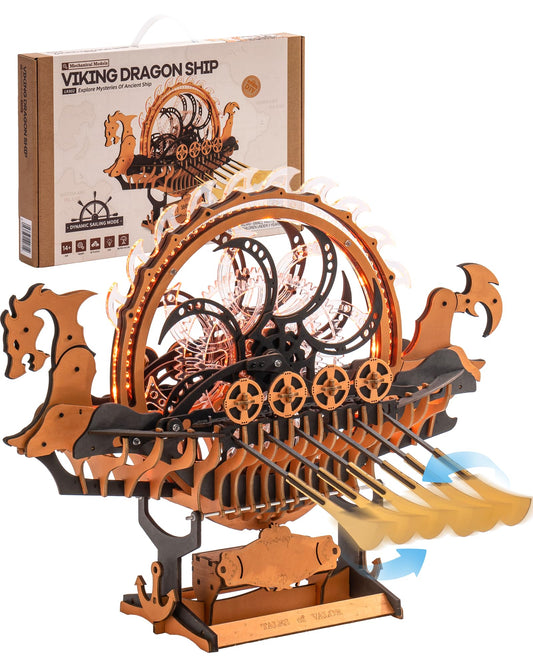 Rowood Viking Dragon Ship front view with laser-cut basswood detail for display.