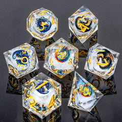 Roycevon dragon-pattern liquid core DND dice D10 close-up, balanced feel for smooth, random events.