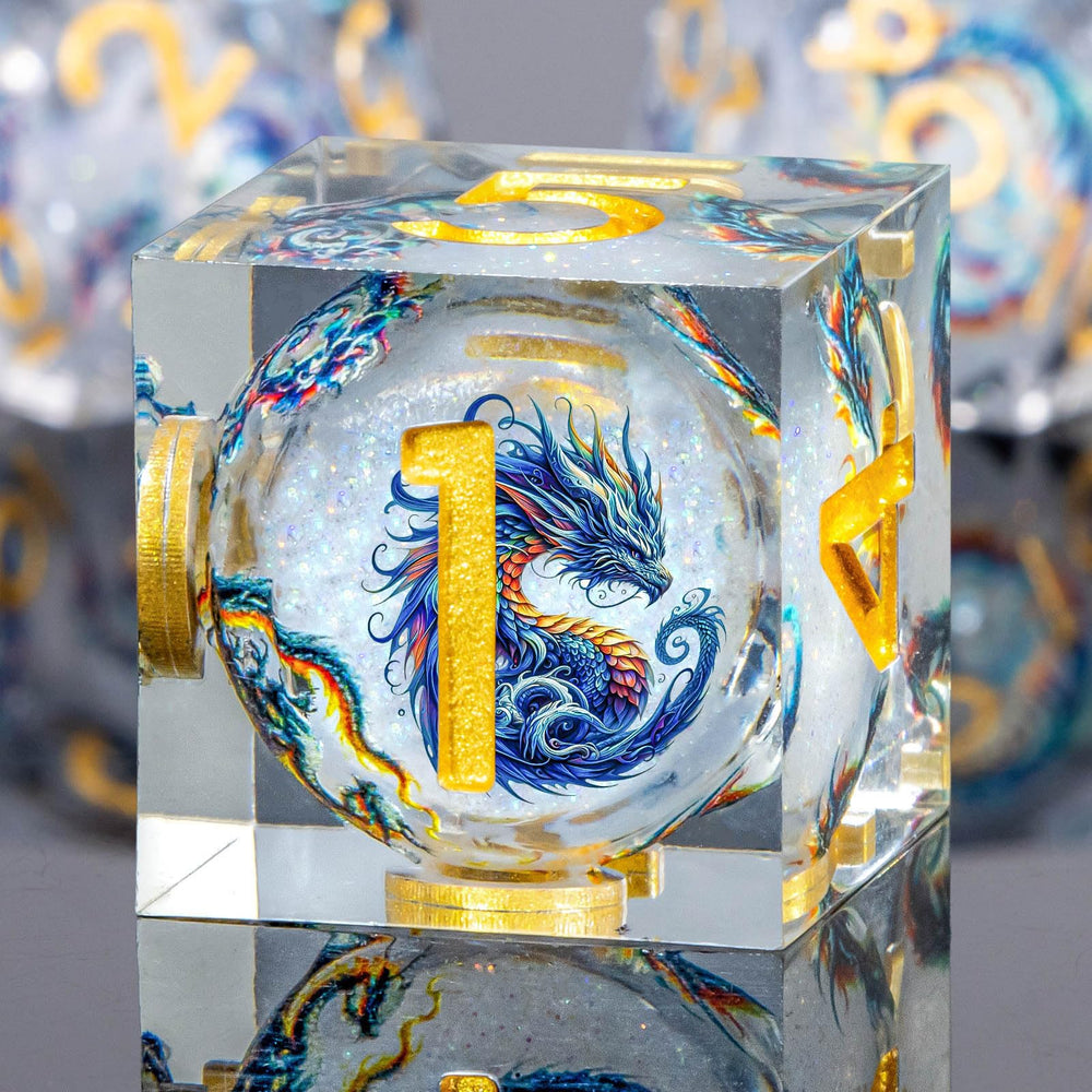 Roycevon dragon-pattern liquid core DND dice D12 close-up, clear readability for fast on-table rolls.
