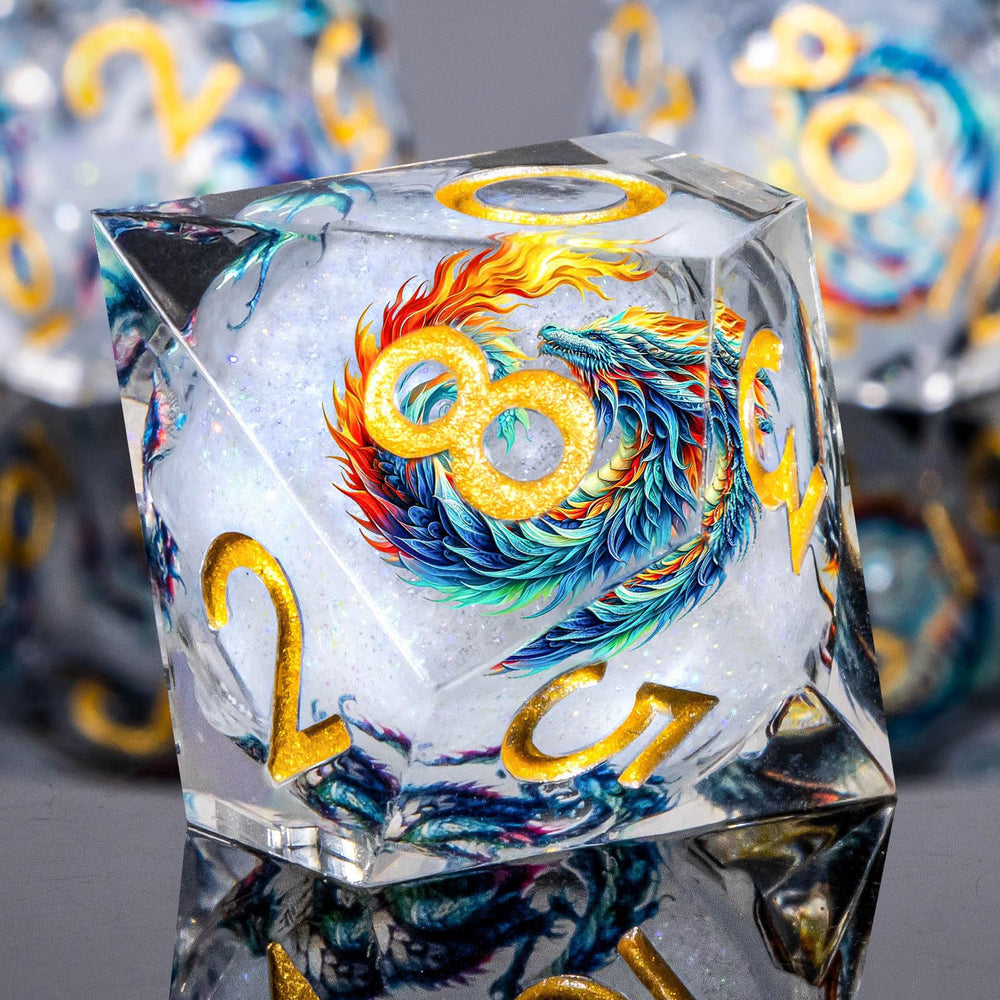 Roycevon dragon-pattern liquid core DND dice D8 close-up, sharp edges aid quick identification.