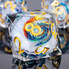 Roycevon dragon-pattern liquid core DND dice D8 close-up, sharp edges aid quick identification.