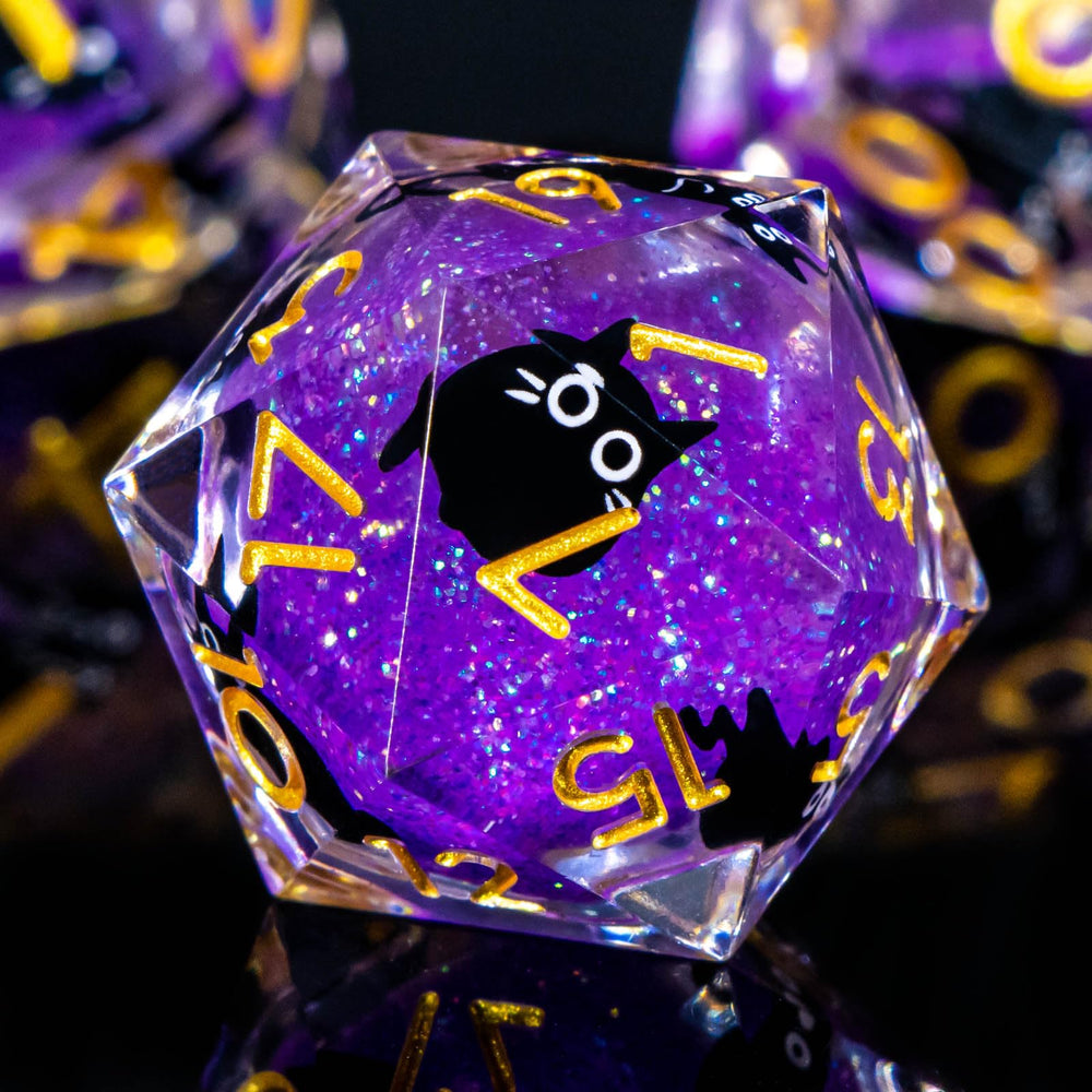 Roycevon cat liquid-core D20 dice in purple, balanced and easy to read for tense sessions
