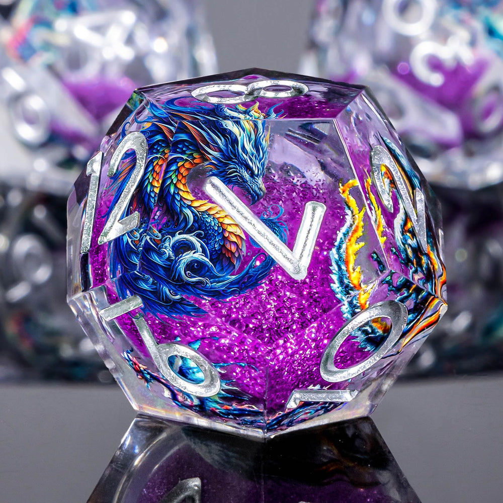 Roycevon resin purple dragon dice close-up with vivid color and craftsmanship