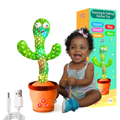 ROYPOUTA rechargeable dancing cactus toy front view; kid-friendly, soft texture for safe play.
