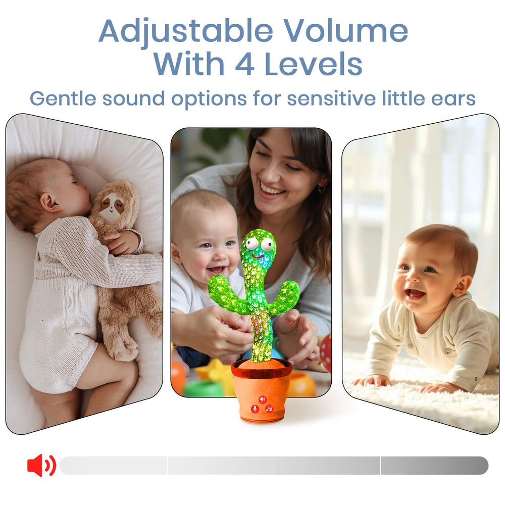 ROYPOUTA rechargeable dancing cactus toy volume-control; easily adjust sound for nap or play.