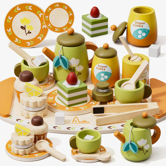 RRIBOUDWAN wooden tea set teapot for imaginative pretend tea parties.