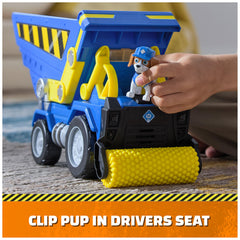 Compactor roller feature to flatten pretend dirt during construction play.