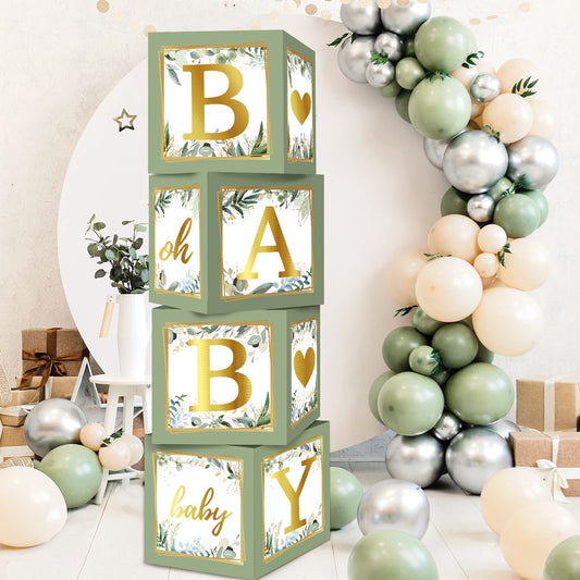 RUBFAC sage green baby boxes with letters backdrop for photos.