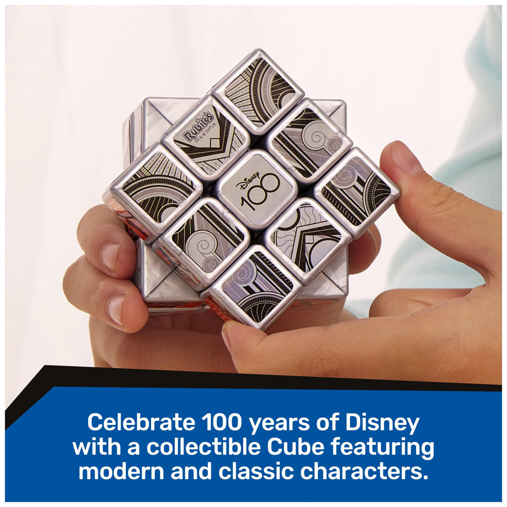 Rubik’s Disney100 Platinum Cube tiles closeup, showcases metallic finish and character imagery.