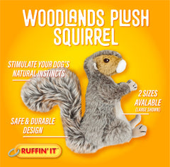 Dog enjoying fetch with Ruffin' It Woodlands plush squirrel toy