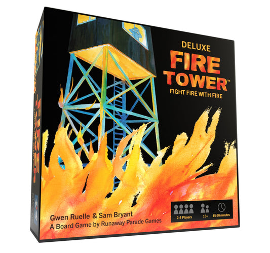 Runaway Parade Games Fire Tower Deluxe Edition box and vibrant components for immersive setup.