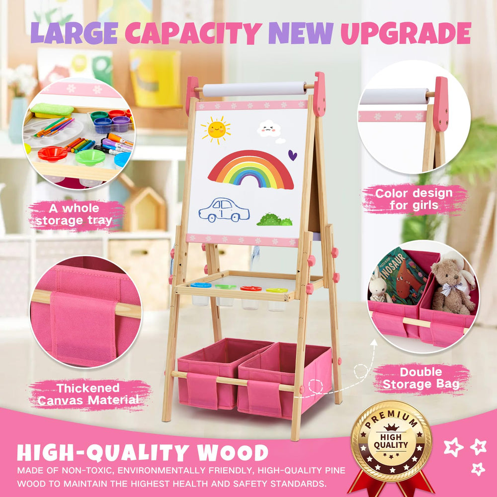 Rundad pink wooden easel blends charming design with sturdy construction