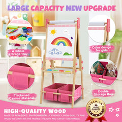 Rundad pink wooden easel blends charming design with sturdy construction