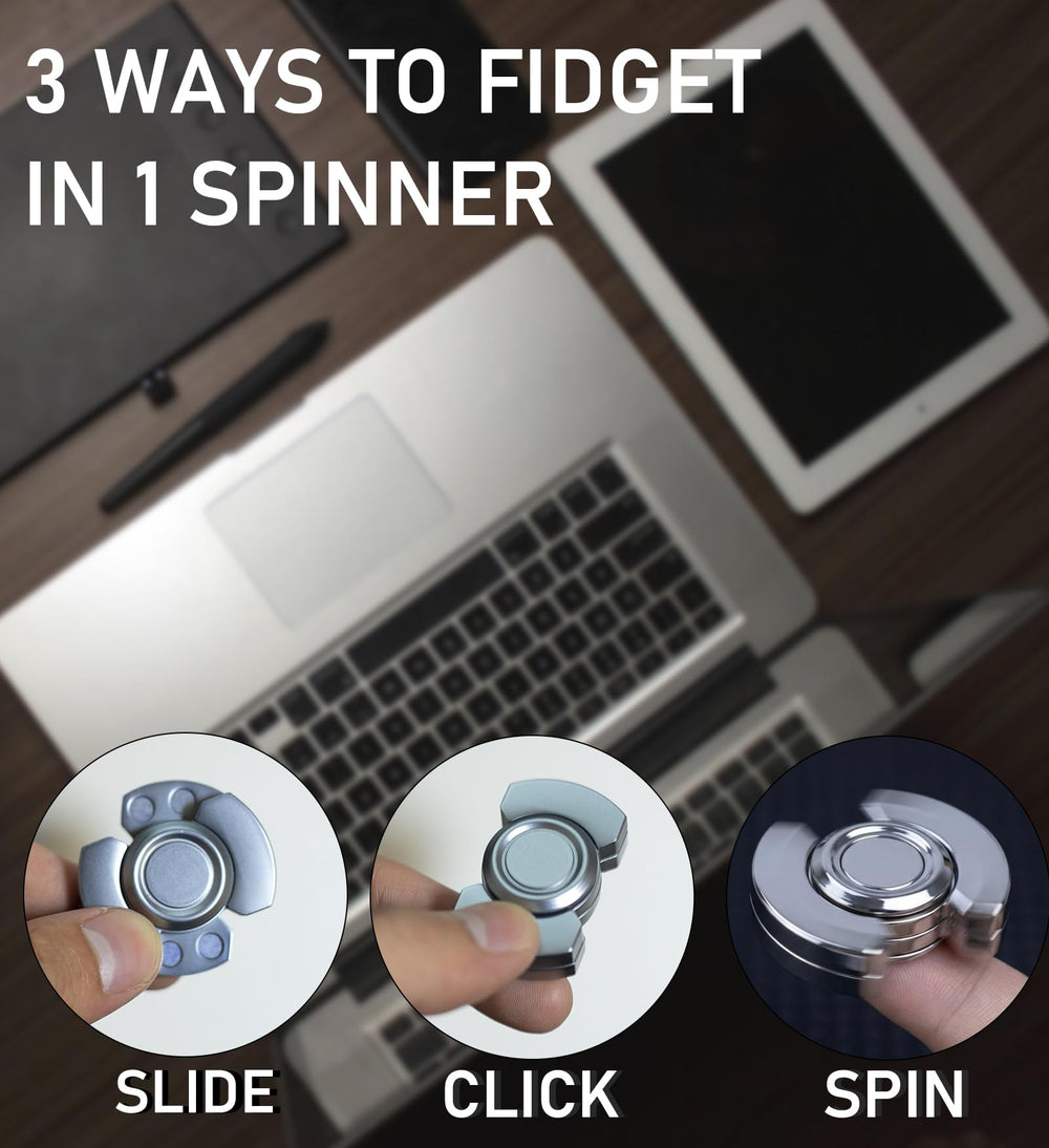 Rutanshenn 3-in-1 fidget spinner spins, clicks, and slides for versatile input.