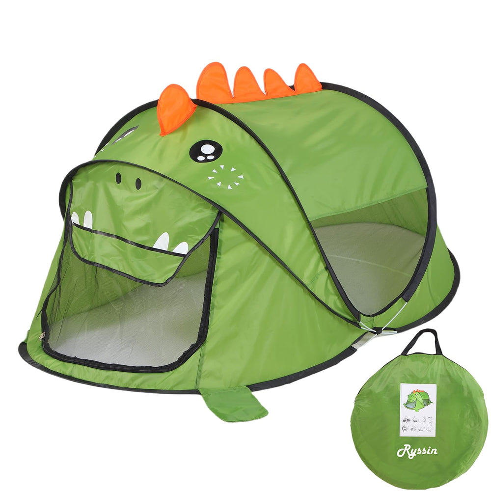 Ryssin green dinosaur pop-up tent front view for indoor imaginative play.