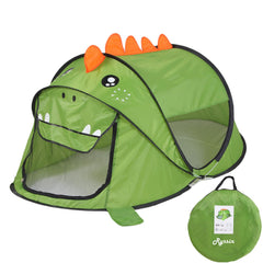 Ryssin green dinosaur pop-up tent front view for indoor imaginative play.