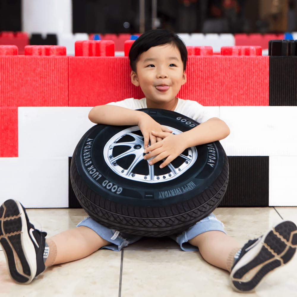Ryttir distressed tire texture plush decor with vintage emblem for retro room vibe.