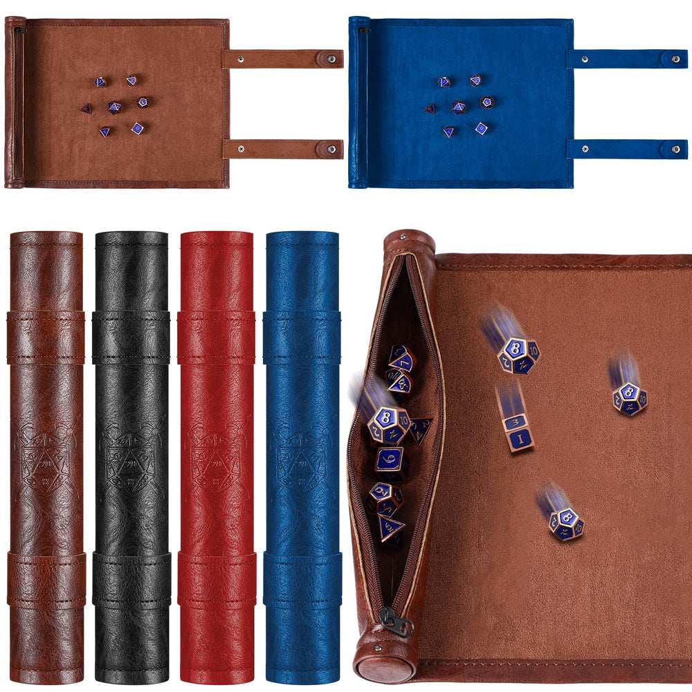 Sadnyy black folding scroll dice mat tray for portable storage and play.