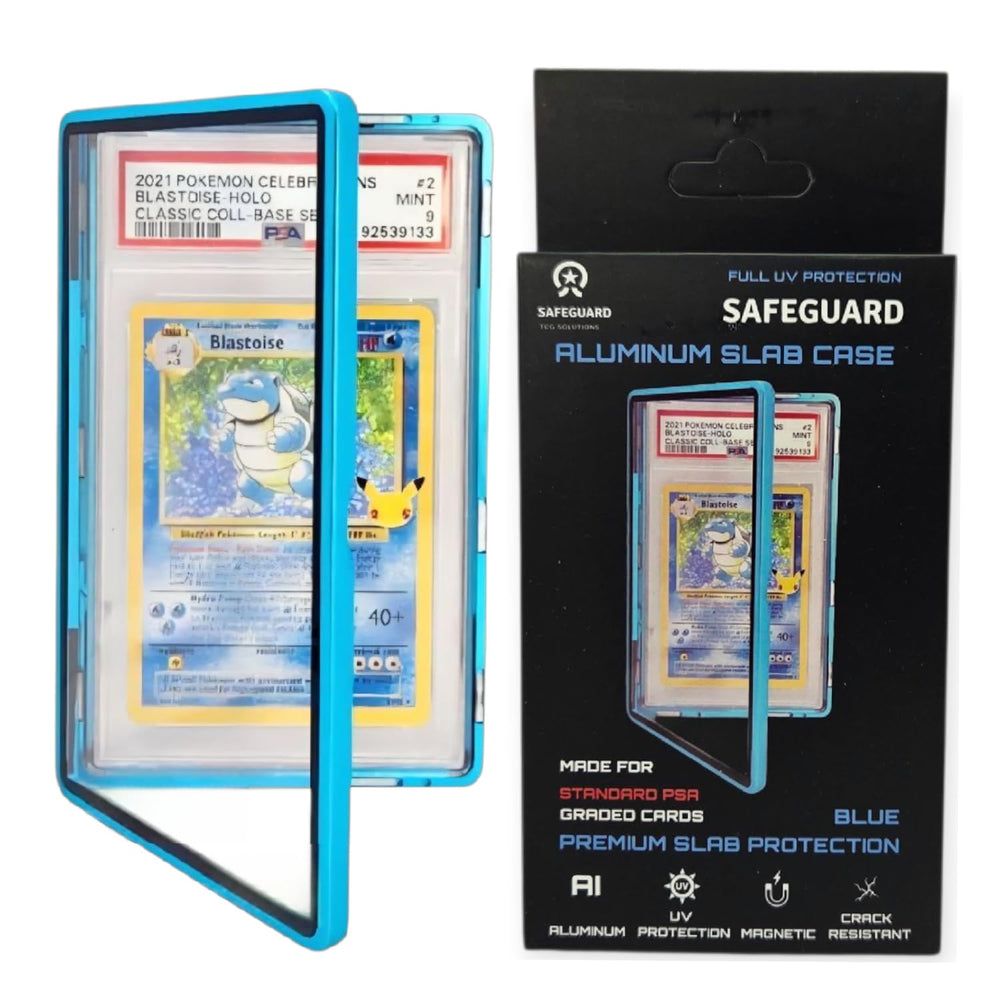 Safeguard blue case highlights PSA slabs with UV resistance for display