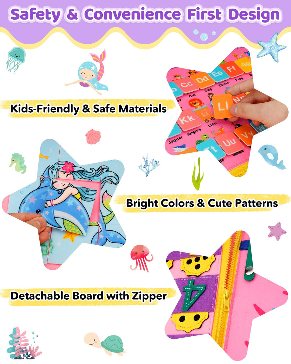 SaFeli Busy Board uses non-toxic soft felt for safe, tactile exploration.