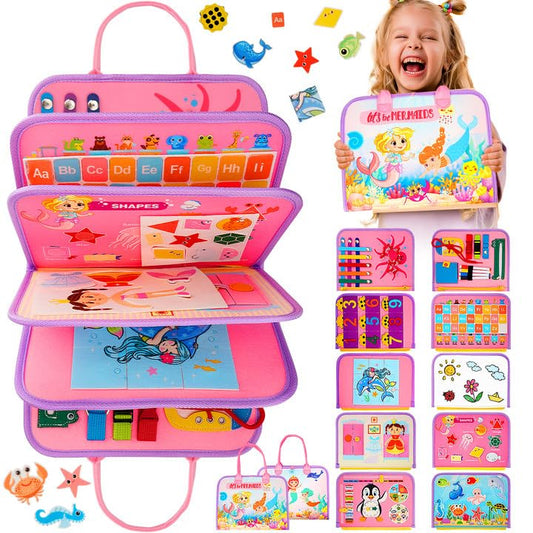 SaFeli Toddler Busy Board with mermaid patterns for engaging, screen-free imaginative play.