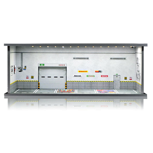 Saichotoy display case showing Hot Wheels on a stacked 1/64 scale garage display.