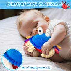 SAIMAND soft plush crab toy is baby-friendly and cuddly for safe play.