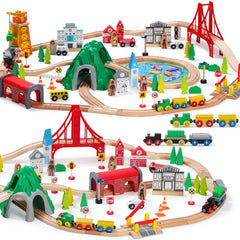 SainSmart Jr. 112-piece wooden train set on clean tracks for imaginative play.