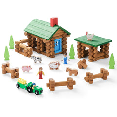 SainSmart Jr. wooden log cabin set with colorful logs for imaginative STEM play.