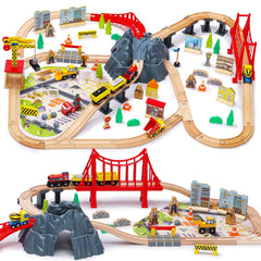 SainSmart Jr. 112PCS wooden train set with construction theme, inviting imaginative engineering play.