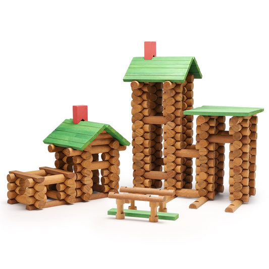 SainSmart Jr wooden log cabin set on table for open-ended play and creativity