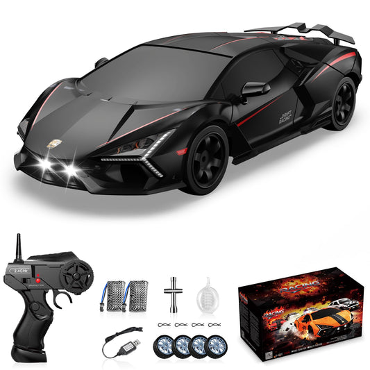 Sakeye RC Drift Car front view showcasing 4WD build and sleek black shell for action