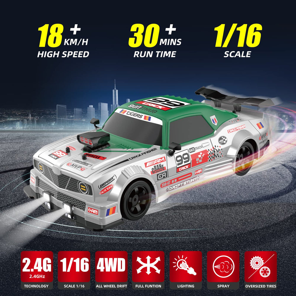 Sakeye RC drift car side view showing durable shell for rough play