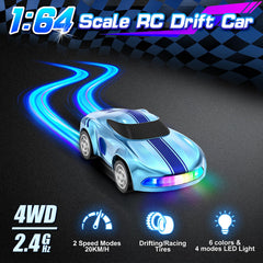 Salazaza RC drift car with LED headlights and taillights for night play.
